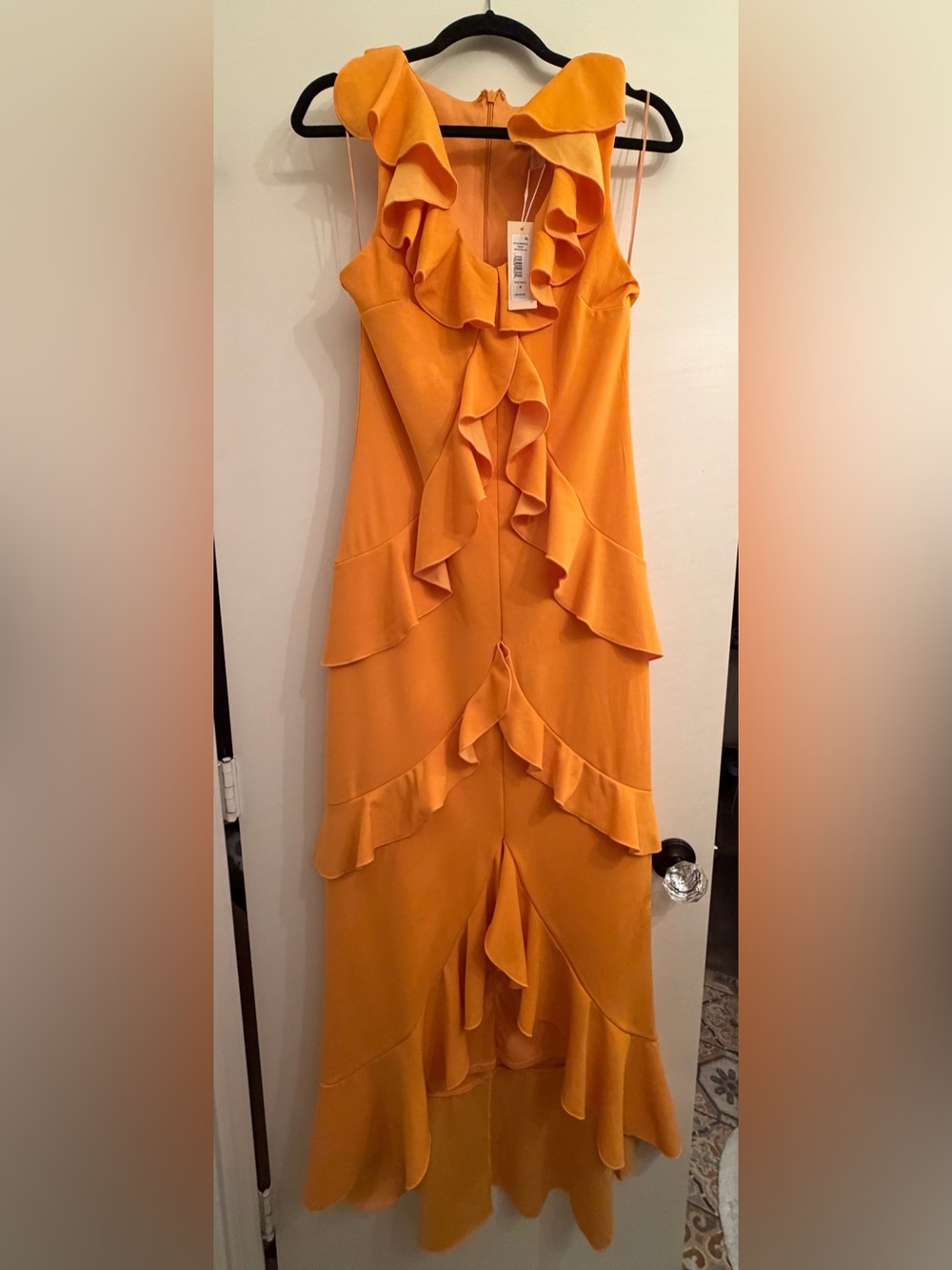 Badgley Mischka Ruffled High-Low Dress in Golden Orange,Jewel by Badgley Mischka